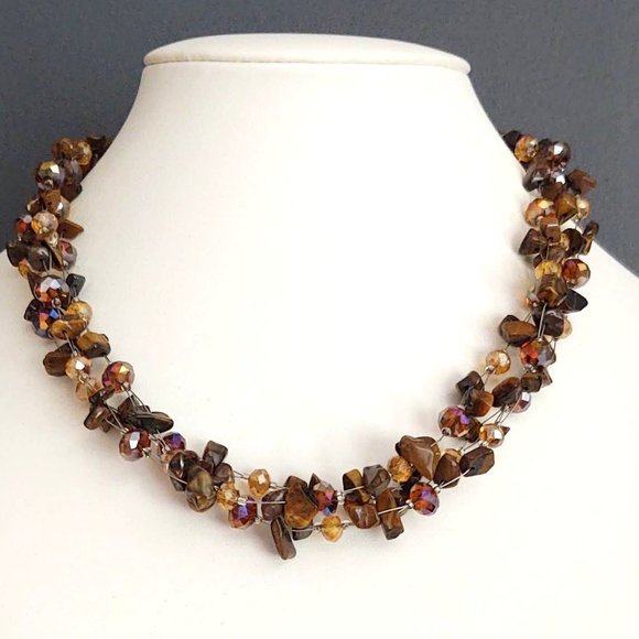 Jewelry - Brown stone & cognac crystal bead necklace on wire